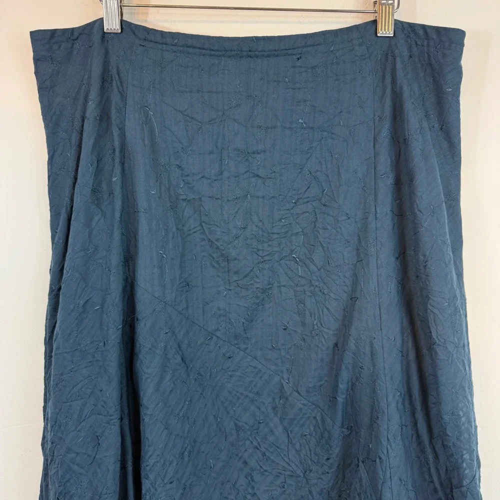 J.Jill Embroidered Maxi Skirt 16 Tall Blue Cotton Linen Boho Lagenlook Cottage